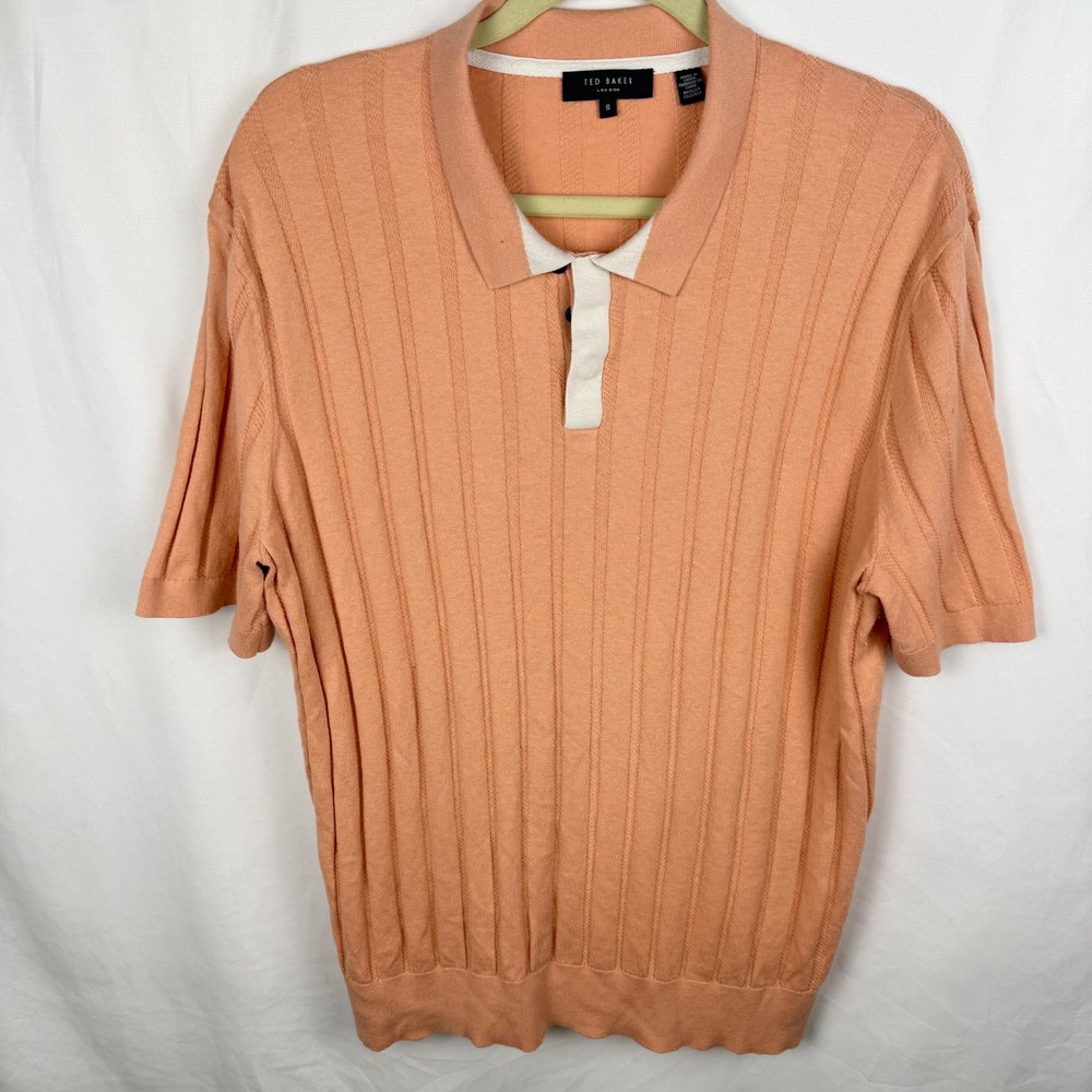 Ted Baker Peach Ribbed Short Sleeve Sweater Collared Polo XXL Coastal Old Money